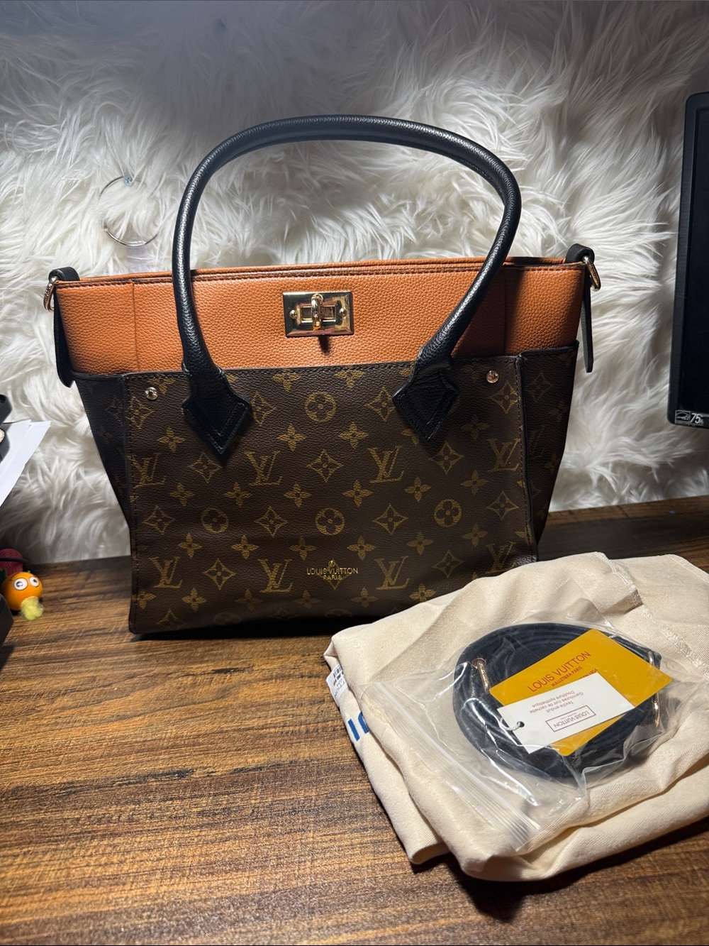 Louis Vuitton Monogram Tote in Brown with Tan Top and Black Handles